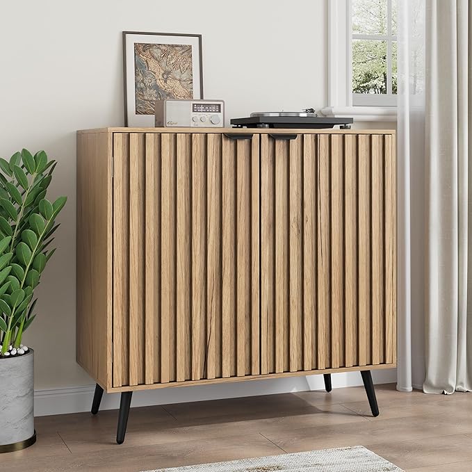 Smuxee Fluted Sideboard Cabinet, Freestanding Natural Buffet Cabinet - Image 9
