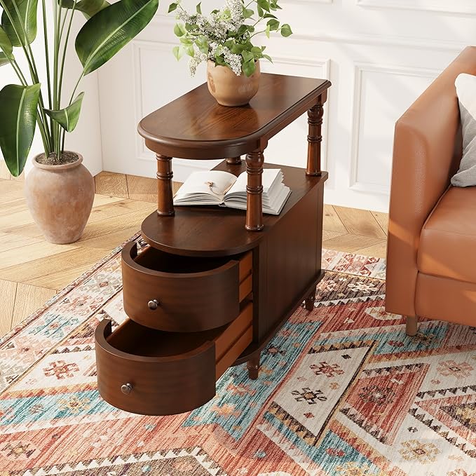 Wood End Table with 2 Drawers and Storage Shelf, Narrow Sofa Side Table by MIAUWUUFHOME