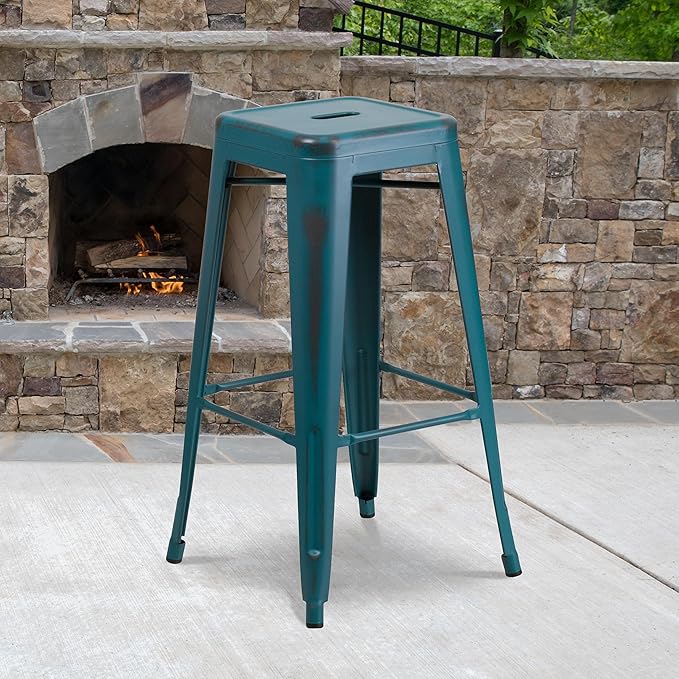 Flash Furniture Kai Commercial Grade 30" High Backless Distressed Kelly - Image 2