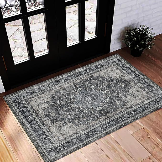Washable Area Rug 2'x3' Door Mat Vintage Distressed Doormat Indoor Entrance by CHAMPLANT