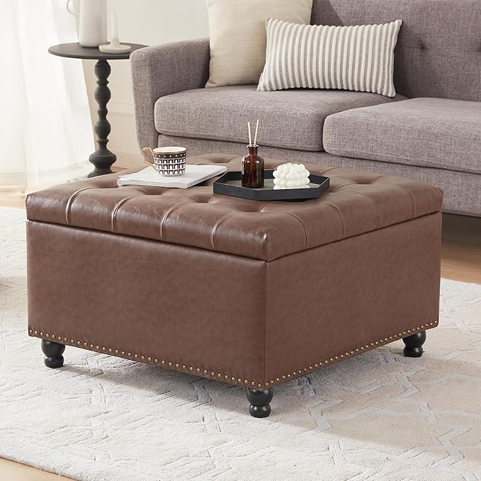 Tbfit Large Square Storage Ottoman Bench, Button Tufted Upholstered Coffee by TBfit