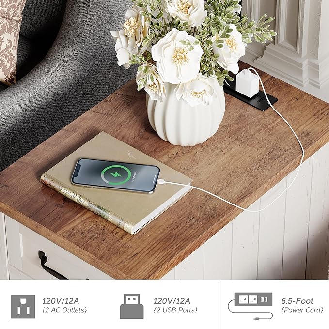 WAMPAT End Table with Charging Station, Wood Nightstand with Power Outlets & - Image 5