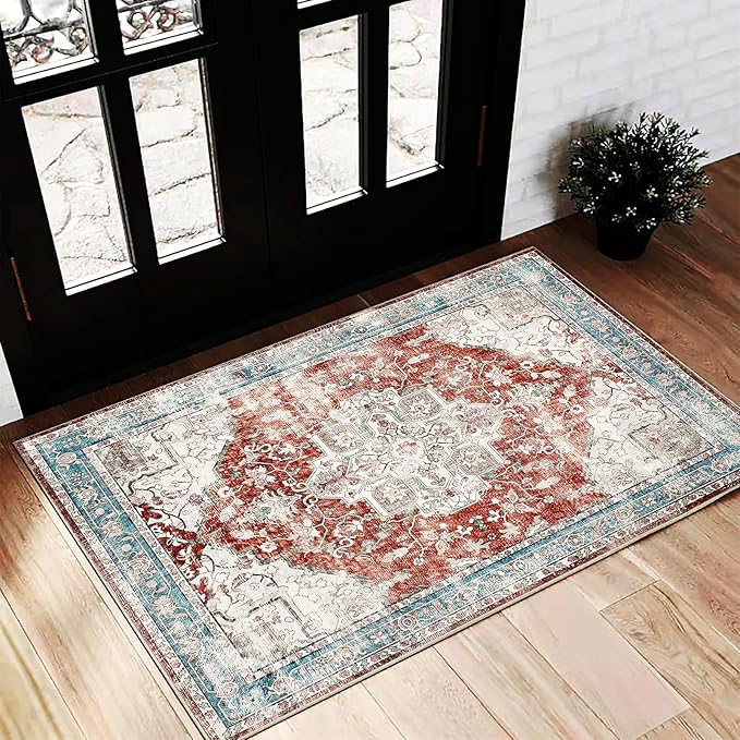 Red Blue 2'x3' Washable Area Rugs Door Mat Vintage Distressed Doormat Indoor by CHAMPLANT