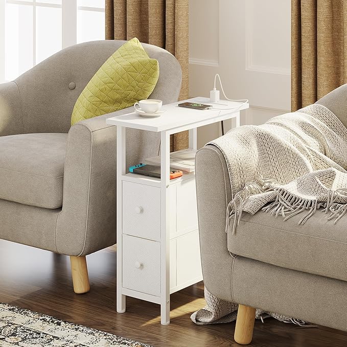 End Table with Charging Station, Narrow Side Table with 2 Fabric Drawers - Image 2