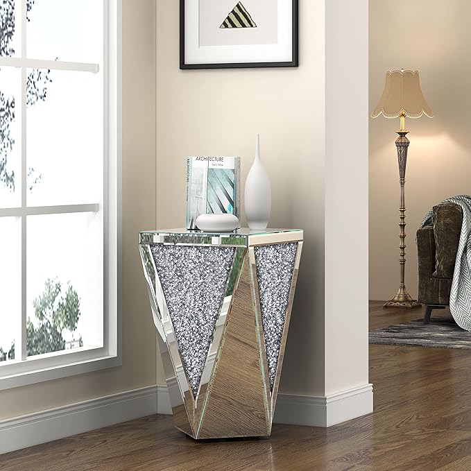 ENENE 19.7" Mirrored End Table Crystal Diamond Setting Coffee Table Silver - Image 5