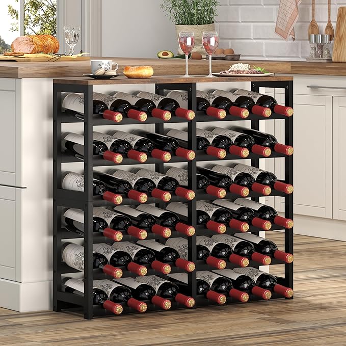 6 Tier Bamboo Wine Rack with Table Top, Freestanding 48-Bottle Wine Storage - Image 3