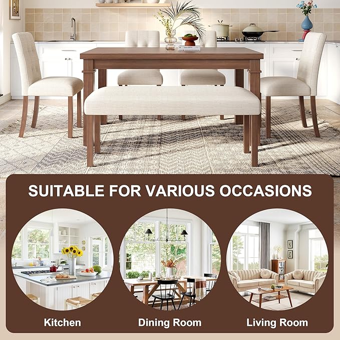 Ball & Cast Dining Table Set for 6 W/Bench & 4 Upholstered Chairs, 6 Piece - Image 5