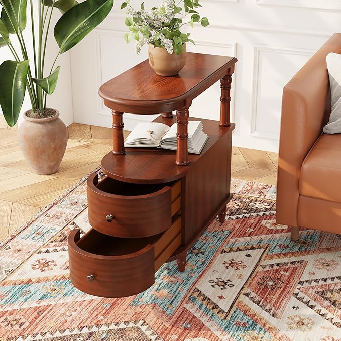 Wood End Table with 2 Drawers and Storage Shelf, Narrow Sofa Side Table - Image 7