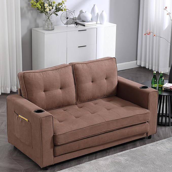 ERYE 3 Fold Tufted Upholstered Futon Sofa Bed Modern Convertible Foldable Floor - Image 3