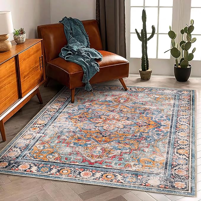 6'x9' Washable Vintage Area Rug Boho Chic Medallion Distressed Design - Image 3