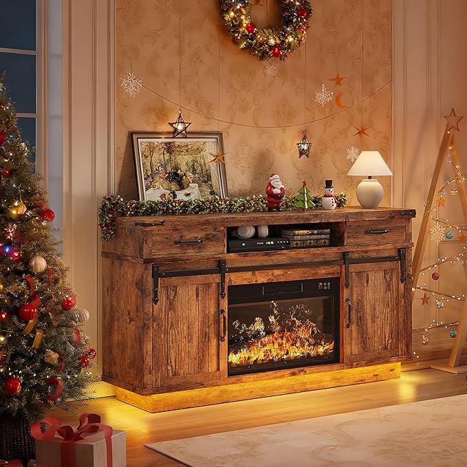 59'' Fireplace TV Stand with 3D Flame Electric Fireplace Heater, Entertainment - Image 5