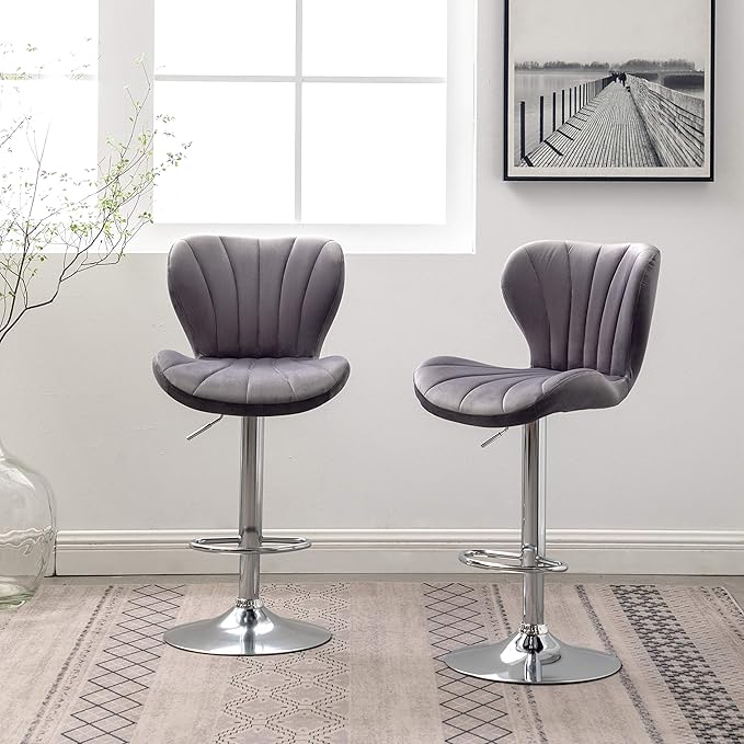 Roundhill Furniture Ellston Velvet Adjustable Swivel Barstools in Gray - Image 3