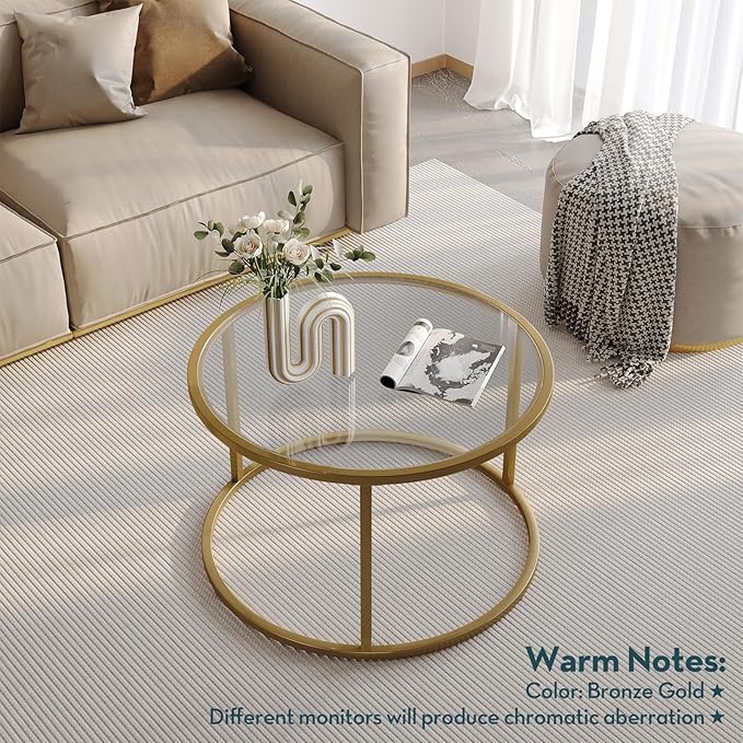 SAYGOER Small Glass Coffee Table Round Gold Coffee Table - Image 6