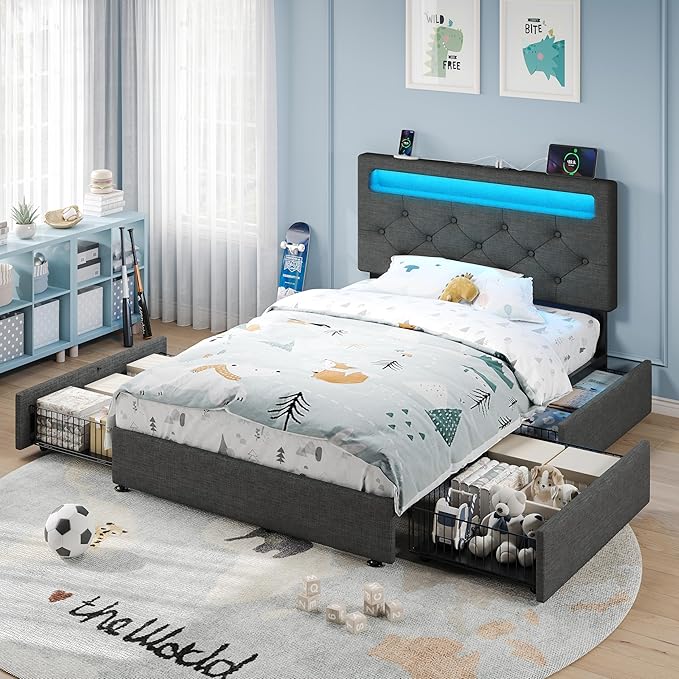 Rolanstar Twin Bed Frame with 4 Storage Drawers and Charging Station, Twin Bed - Image 2