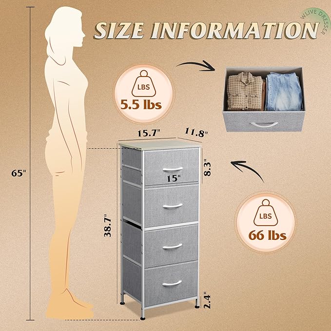 WLIVE 4 Drawers Dresser for Bedroom, Light Grey Fabric Clothes Storage - Image 3