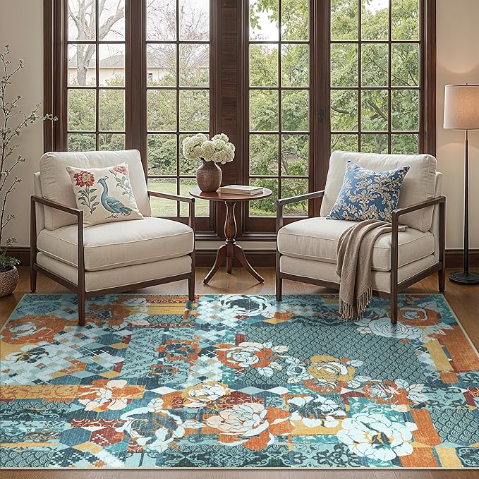 GENIMO 5X7 Floral Area Rugs for Living Room, Machine Washable Non Slip Vintage by GENIMO