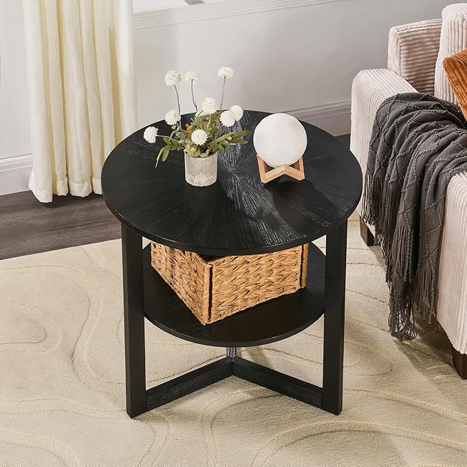 Large Round End Table with Storage Shelf, Rustic Beside Tables with Umbrella Top - Image 3