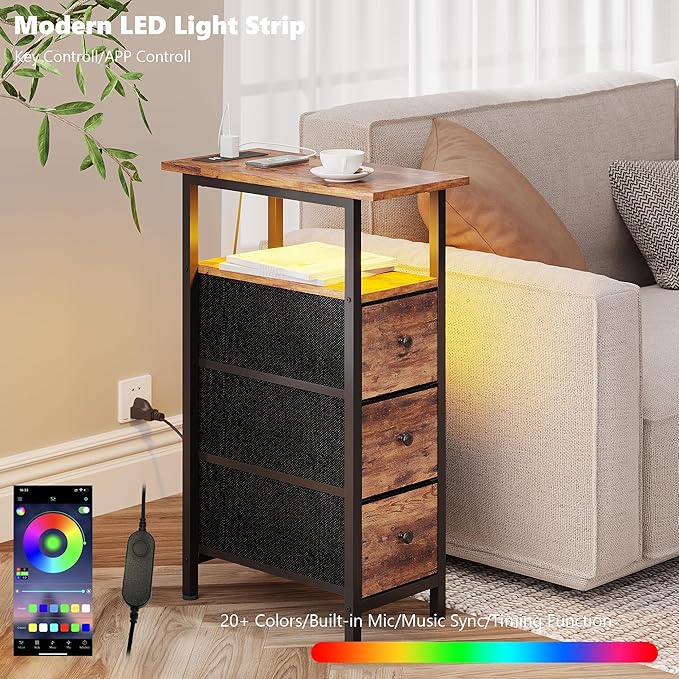 End Table with Charging Station, Narrow Side Table with 3 Fabric Drawers - Image 4