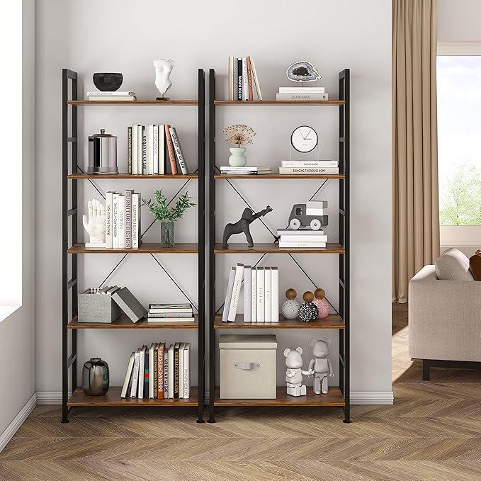 VERMESS 5 Tier Bookshelf, Tall Book Shelf, Vintage Industrial Bookcase - Image 8