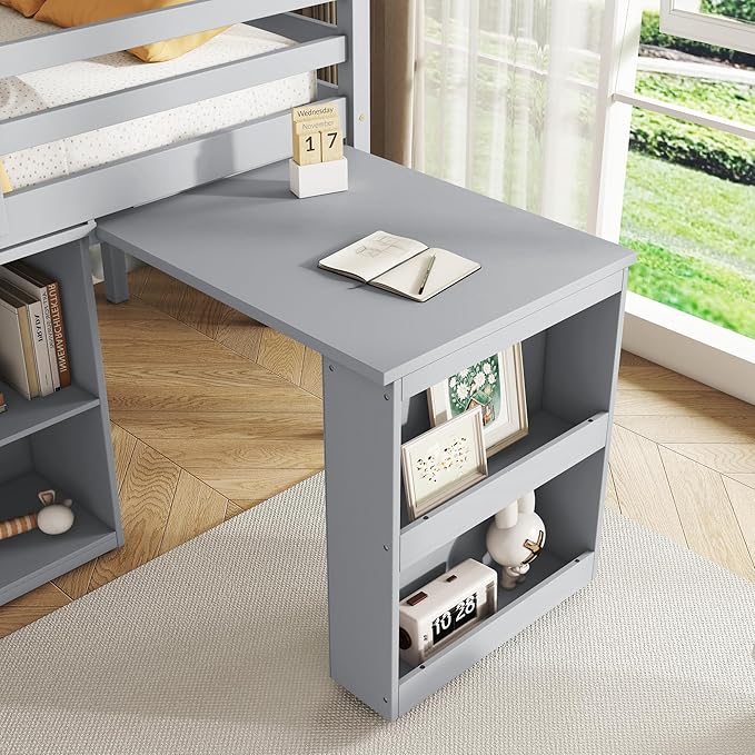 KEIKI Twin Size loft Bed with Pull-Out Desk & Drawers & Open Shelves, Wood Loft - Image 4