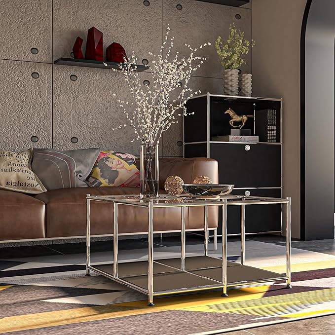 Matte Coffee Table with Open Storage, Square Tempered Glass Storage Rolling - Image 8