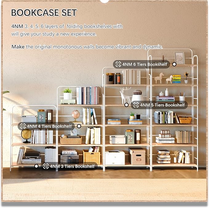 4NM No Assembly Folding Bookshelf 6 Tiers Vintage Industrial White Book Shelf - Image 5