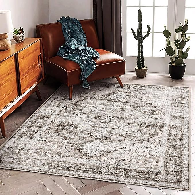 3'x5' Deep Khaki Vintage Washable Thin Area Rug Traditional Floor Cover by CHAMPLANT
