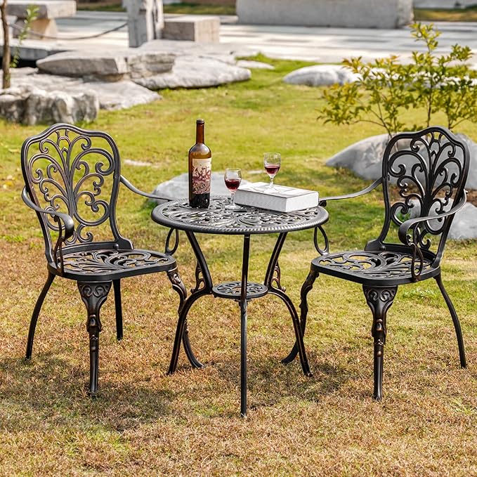 Outdoor Bistro Table and Chairs Set of 2 Cast Aluminum Patio Bistro Set - Image 2