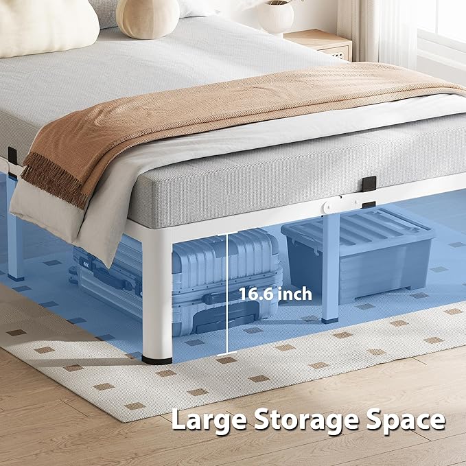 18 Inch Full Size White Bed Frame, 3500Lbs Heavy Duty Metal Platform - Image 6