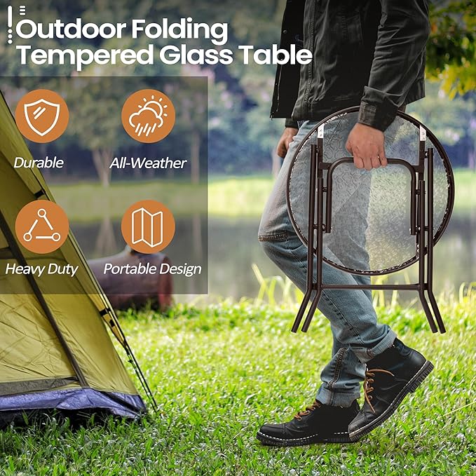 Foldable Side Table with Tempered Glass Top 18" Outdoor Folding Side Table - Image 3