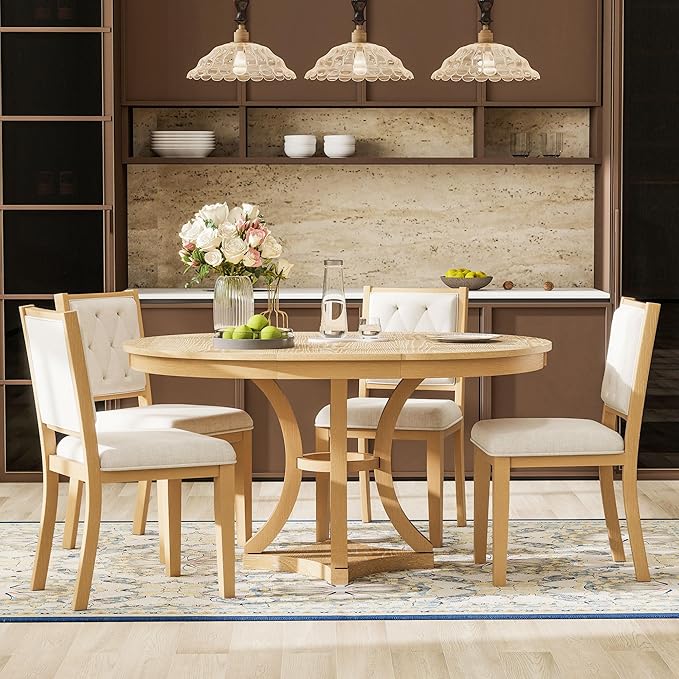 Merax 5-Piece Extendable Round Dining Table Set 42"-58" Retro Functional Table by Merax