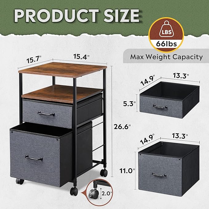 DEVAISE 2 Drawer Mobile File Cabinet, Rolling Printer Stand - Image 3