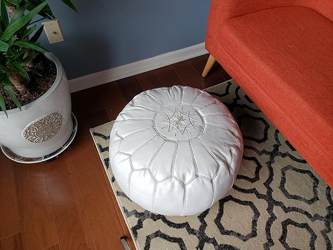 Stuffed Round Design Moroccan Leather Pouf Ottoman, Pre-Filled, 100% Genuine - Image 5
