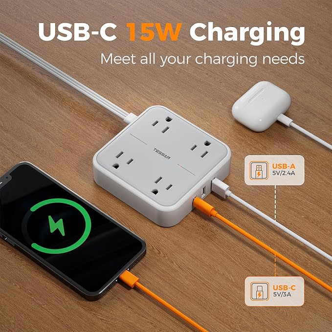 TESSAN Surge Protector Flat Extension Cord 5Ft, Flat Plug Power Strip - Image 3