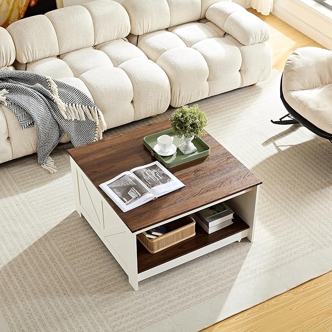 Farmhouse Coffee Table for Living Room, Wood Square Coffee Tables, 31.5" D x - Image 3