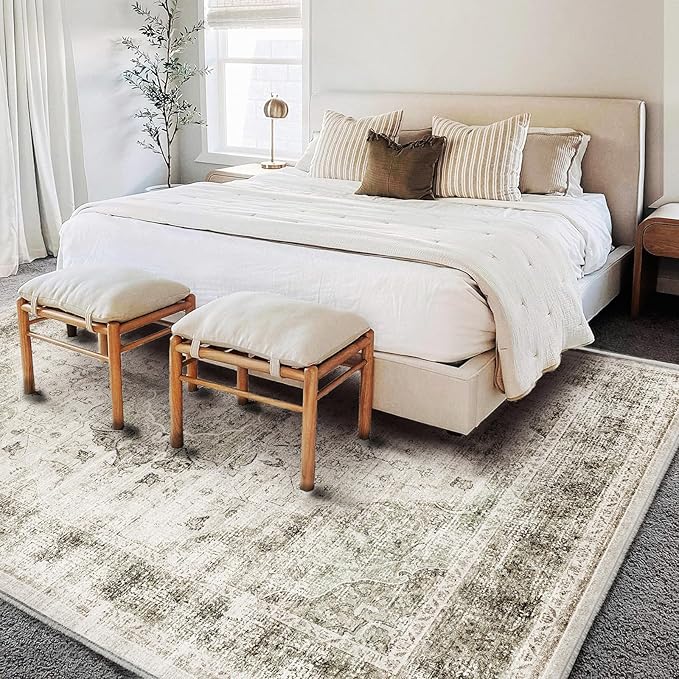 Washable Area Rug 9'x12' Retro Floral Khaki Boho Design Non-Shedding Easy Care - Image 3