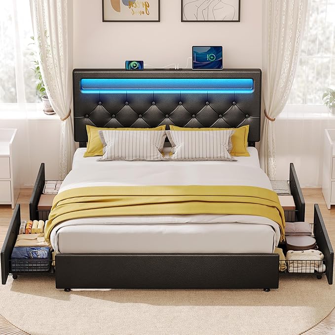 Rolanstar Queen Bed Frame with 4 Storage Drawers and Charging Station, Queen - Image 2