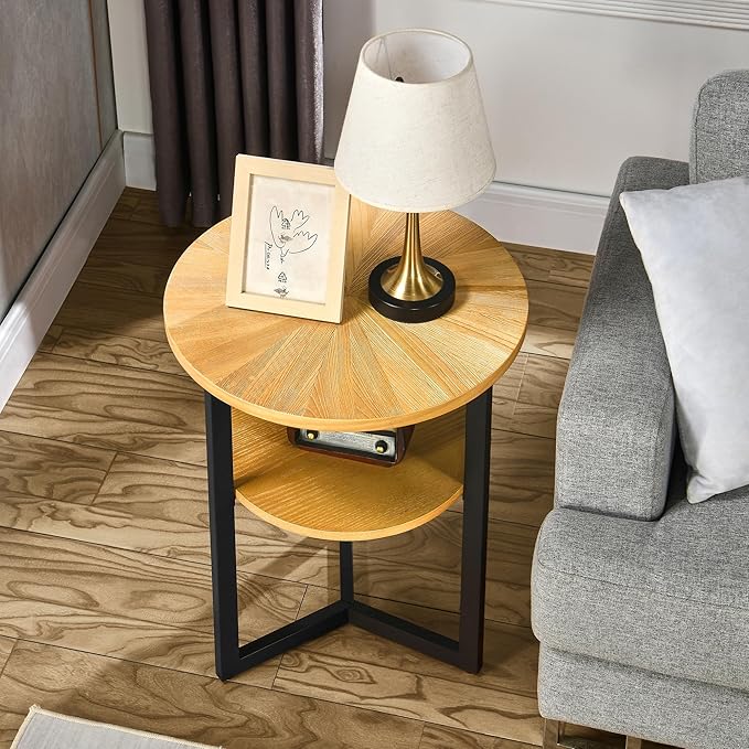 MODERION Round End Table with Storage, Solid Wood & Black Metal Frame, 19.3"L x by MODERION-YourHomeSoulMate