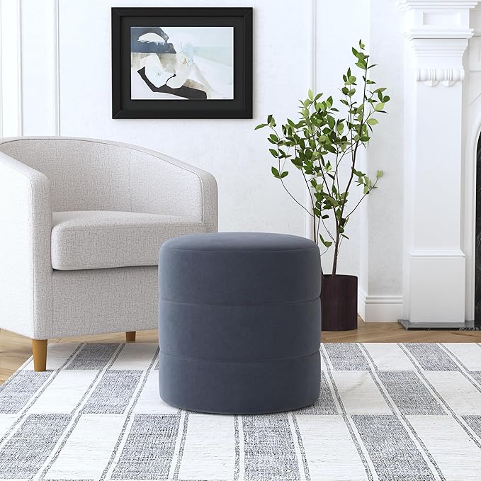 HomePop Upholstered Round Ottoman Home Décor | Round Pouf Foot Rest – Steel - Image 2