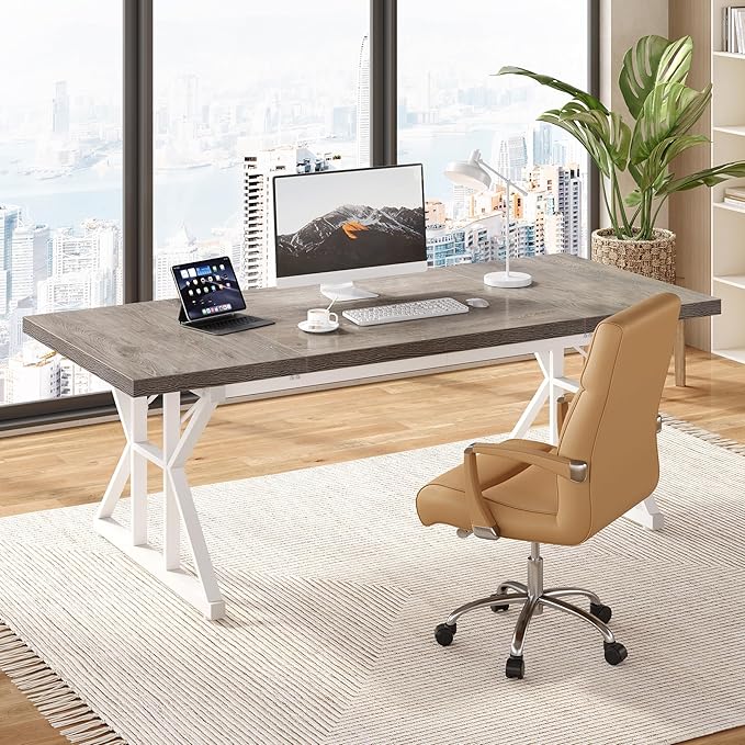 LITTLE TREE 70.8-Inch Large Executive Desk, Modern Computer Office Desk - Image 2