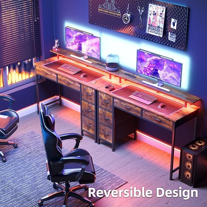 Computer Desk with 5 Drawers, Gaming Desk with LED Lights Power Outlets and - Image 2