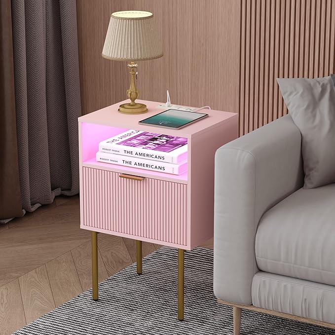 Modern Nightstand with Charging Station and LED Lights, Fluted Side Table - Image 6
