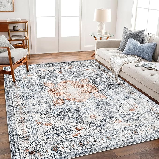 5x7 Washable Thin Foldable Area Rug Gray Vintage Rug Traditional Floor Cover by CHAMPLANT