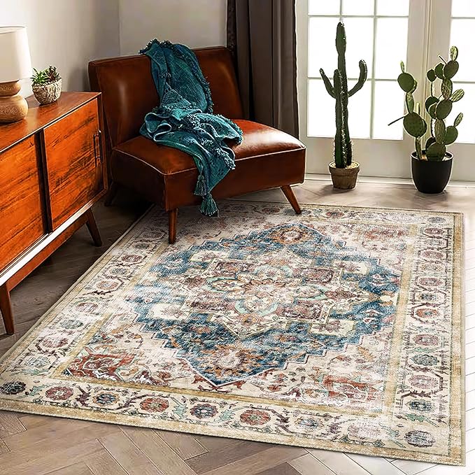 Retro Washable Area Rug 3'x5' Washable Living Room Boho Chic Medallion by CHAMPLANT