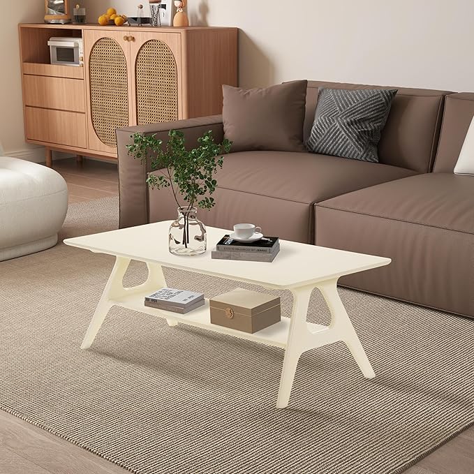 Roundhill Furniture Arona Mid-Century Modern Wood Shelf Coffee Table, Off-White - Image 3