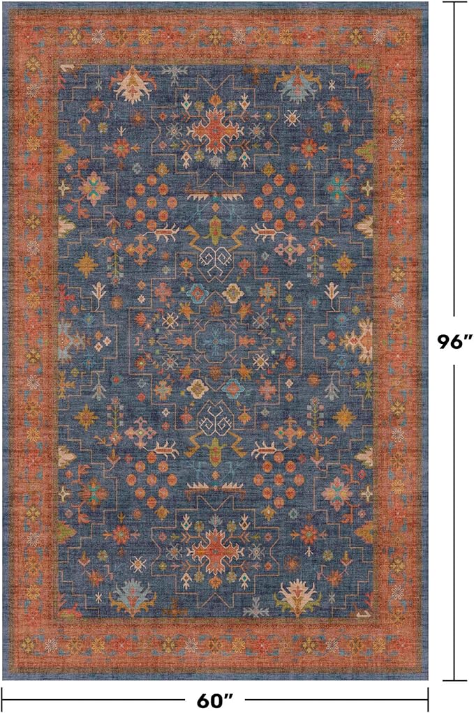Dark Blue & Terracotta 5x8 Living Room Rug - Image 2