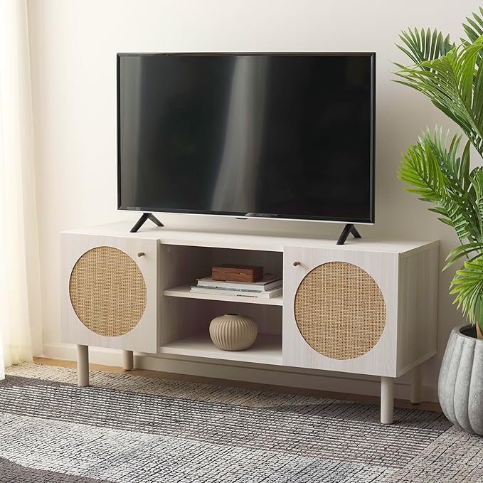 SAFAVIEH Home Collection Ophelia Bleached White/Natural Rattan 2-Door 2-Shelf by SAFAVIEH