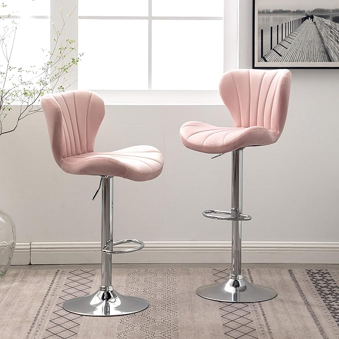 Roundhill Furniture Ellston Velvet Adjustable Swivel Barstools in Pink by RoundhillFurniture