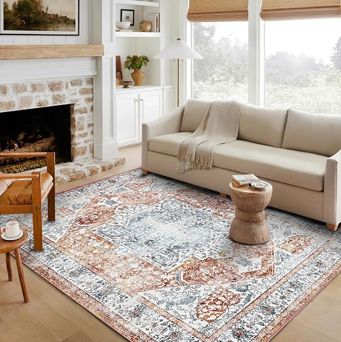 4x6 Washable Vintage Area Rug Tangerine Traditional Floor Cover Foldable Rug - Image 2