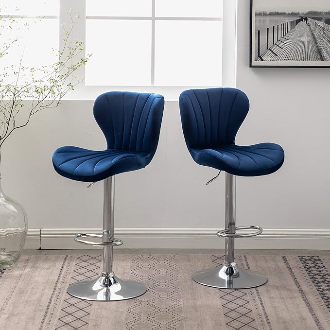Roundhill Furniture Ellston Velvet Adjustable Swivel Barstools in Blue - Image 3